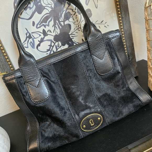 Fossil Vintage Reissue Calf Hair Leather Top Zip Satchel Handbag Black - Picture 1 of 8